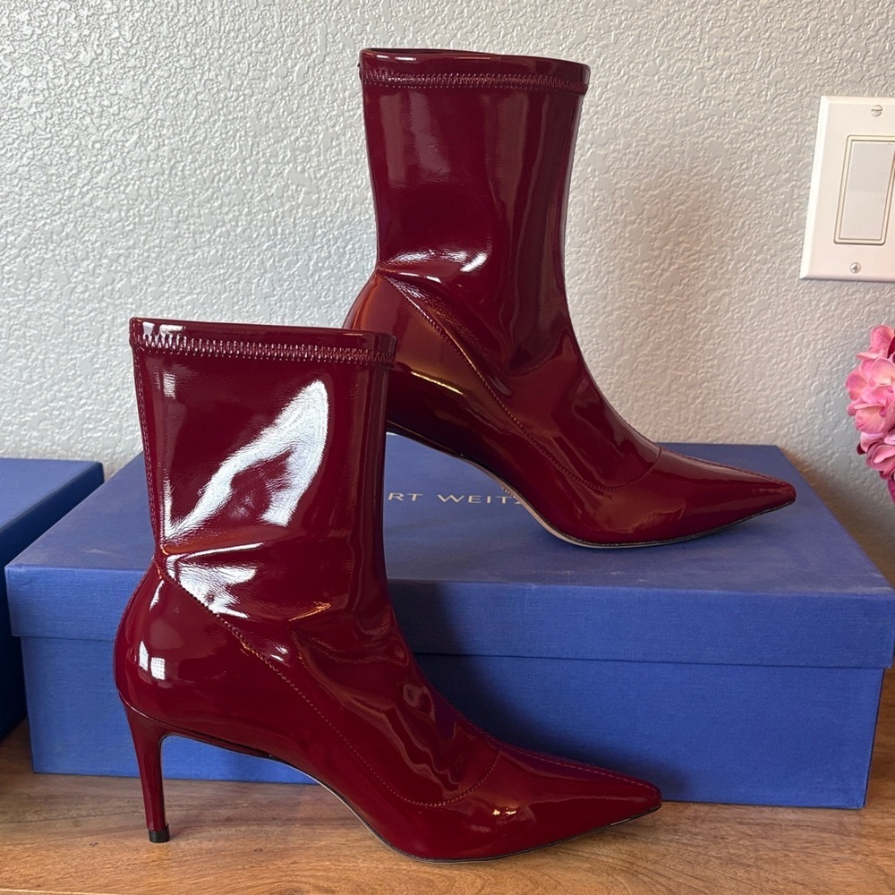 Stuart Weitzman Patent Pointed-Toe Ankle Boots in Burgundy